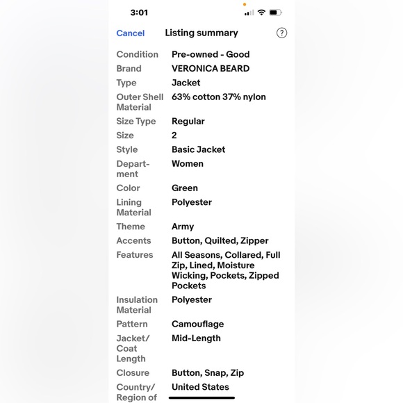 Veronica Beard USA WMN Size 2 Army Green Glade Jacket Camo Funnel Neck EUC - Picture 14 of 16